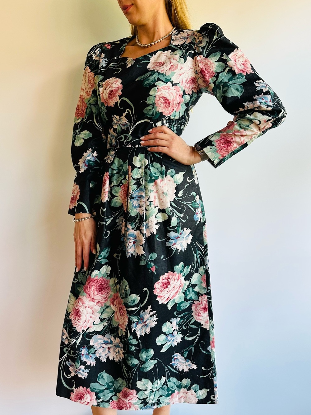 Vintage Lanz Originals Floral Prairie Cottagecore Puff Sleeve Midi Dress USA